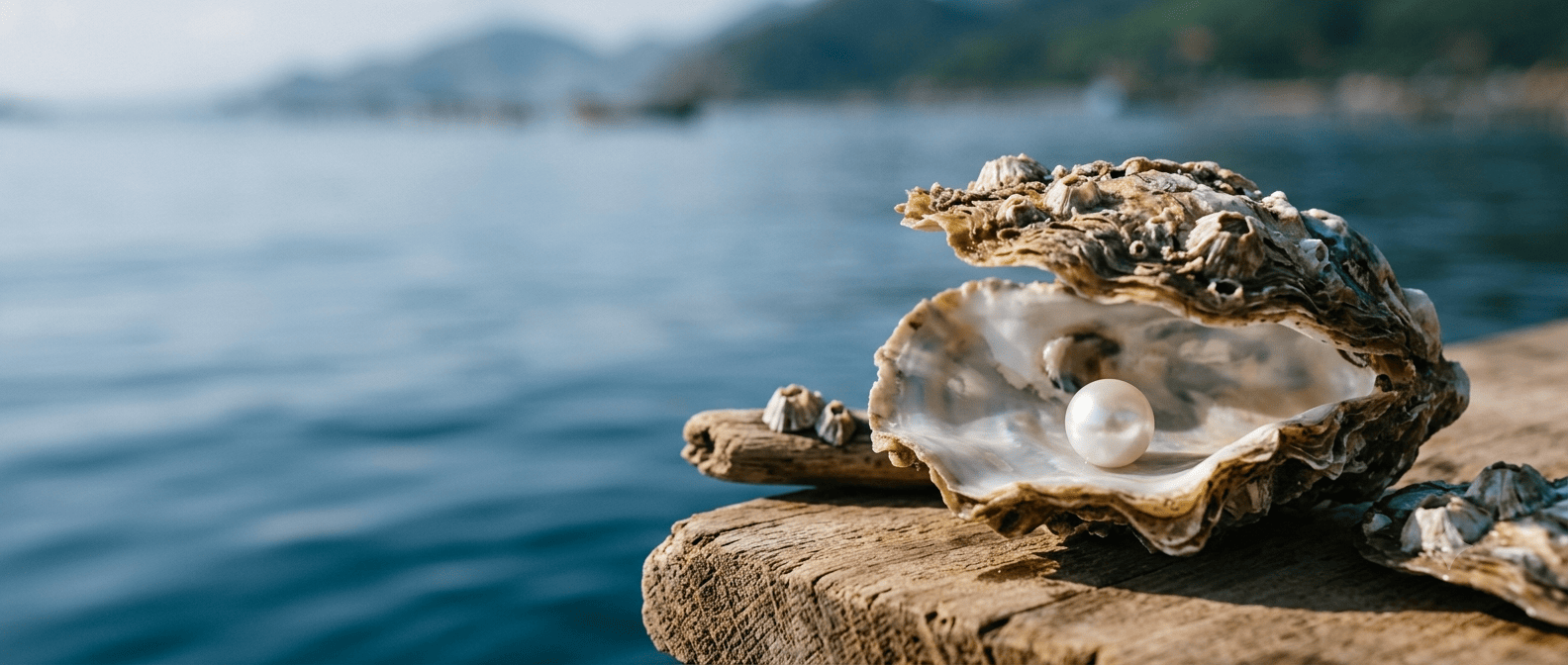 Close-up of an Akoya pearl in an open oyster